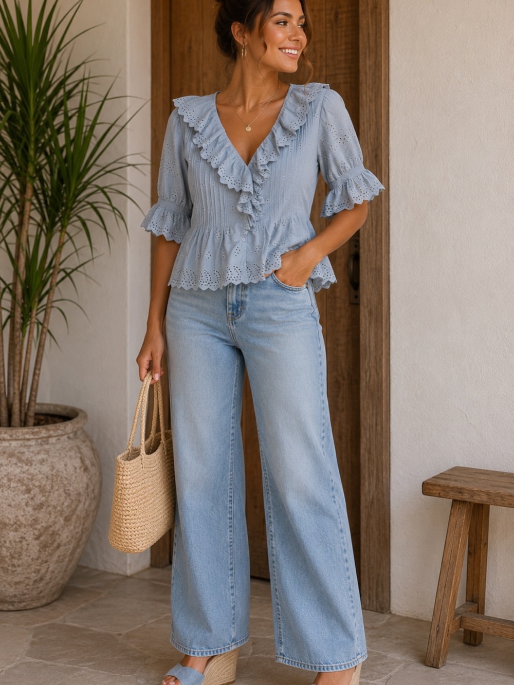 Love Tree Light Blue Eyelet Ruffle Wrap Blouse